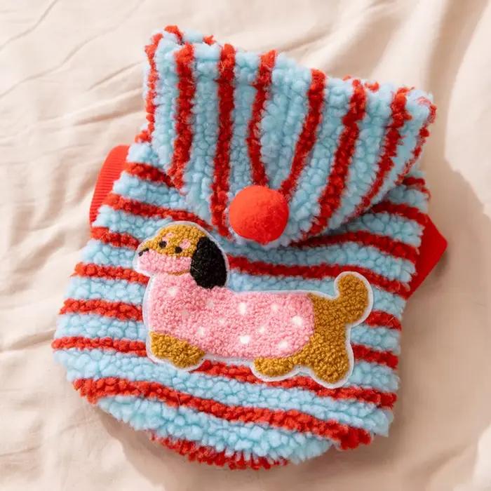Sweat à capuche pour chien à motif de dessin animé rayé, veste à capuche épaisse coupe-vent pour ani
