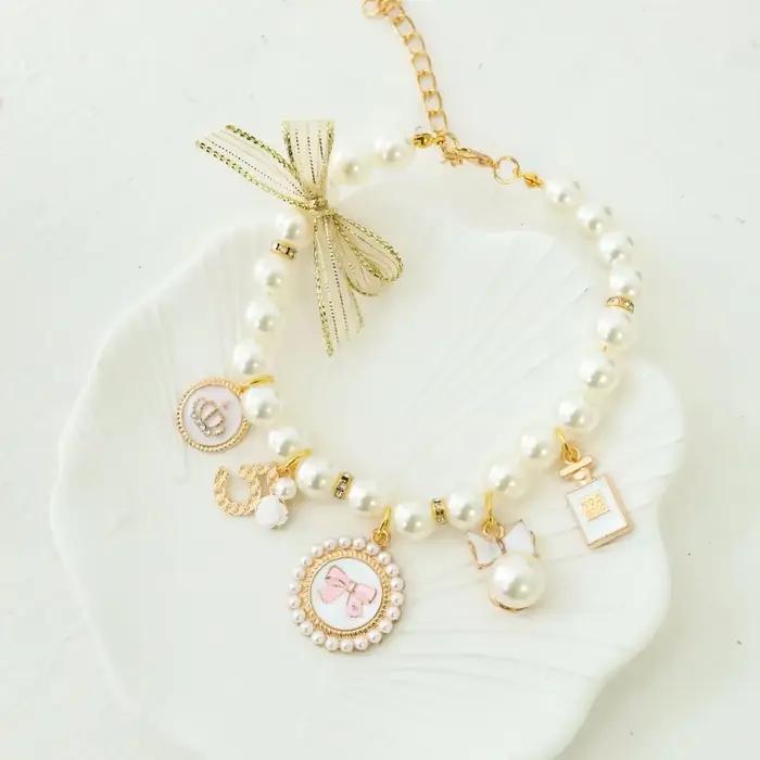 Collier de perles avec nœud pour animaux de compagnie, bijoux pour chat, pendentif de princesse, déc