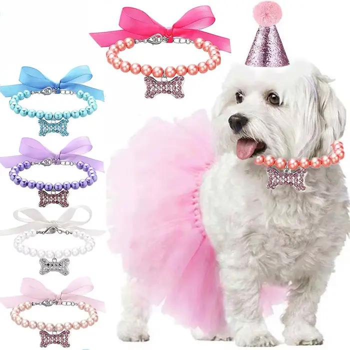 Collier de perles pour animaux de compagnie, bijoux de cou mignons, accessoires pour petits chiens e