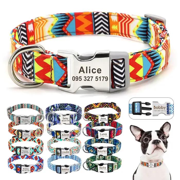 Collier de chien en nylon réglable colliers d'identification de chat de chiens personnalisés avec bo