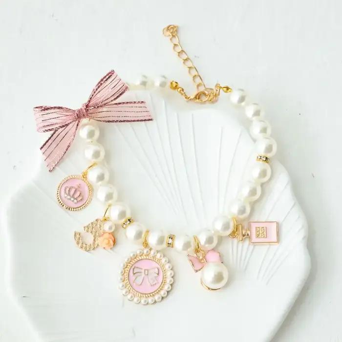 Collier de perles avec nœud pour animaux de compagnie, bijoux pour chat, pendentif de princesse, déc