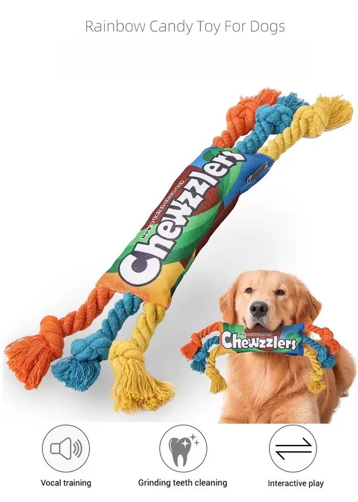 Jouet arc-en-ciel pour chien, bonbons, avec couineur et corde Durable, jouet à mâcher interactif col