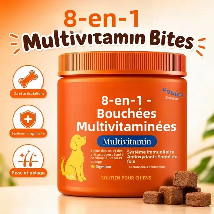 Friandises multivitaminées 8-en-1 pour chiens, saveur poulet, soutien articulaire, immunitaire, cuta