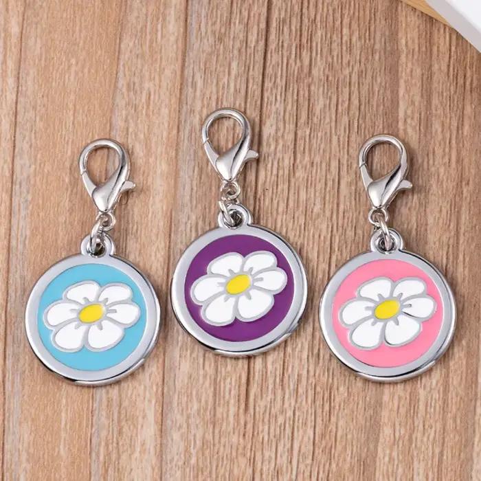 Porte-clé rond en forme de fleur pour chien et chat, carte d'identité personnalisée, nom, accessoire