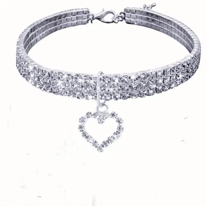 Collier élastique à trois rangées de strass pour animaux de compagnie, décoration d'amour, chiot, ch