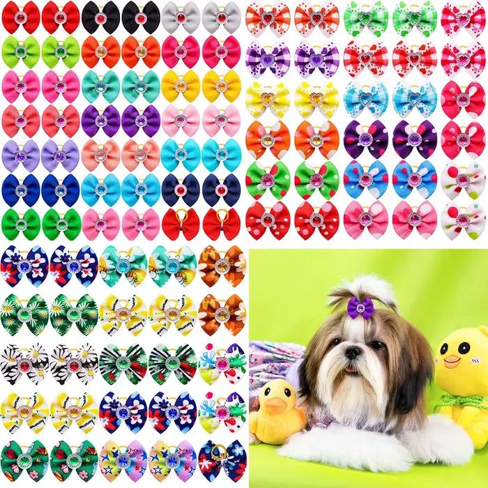 Nœuds de poils de chien avec diamant, 20 pièces, bande de caoutchouc de toilettage colorée pour peti