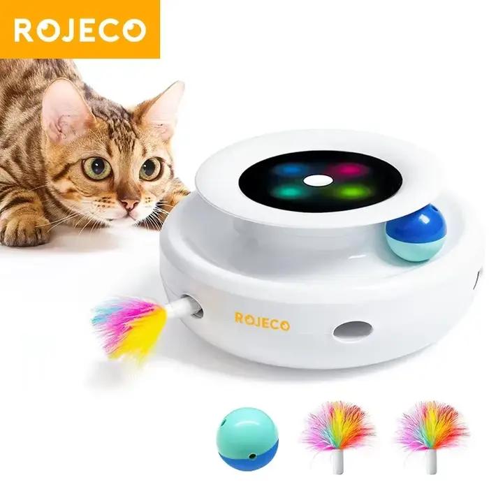 ROJECO Jouets Intelligents 2 en 1 pour Chat et Chien, Balle Amusante à Plumes Automatiques, 5 Modes 