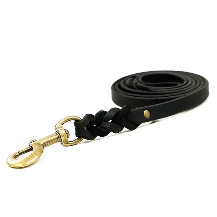 Laisse pour chien tressée en cuir véritable marron noir Laisses pour chiens robustes avec fermoir ro