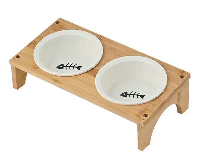 Bol en céramique pour chien avec support en bois, bol d'alimentation en eau pour aliments pour anima