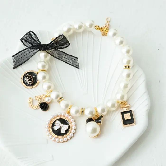 Collier de perles avec nœud pour animaux de compagnie, bijoux pour chat, pendentif de princesse, déc