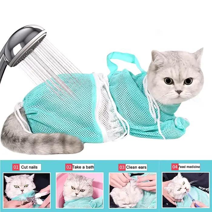 Sac de douche de toilettage pour chat, sacs en maille de lavage en Polyester, sac de retenue réglabl
