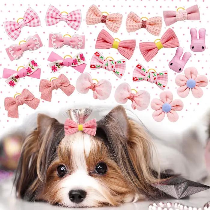 Nœuds de cheveux de petit chien de Style rose, 10 pièces, avec bandes en caoutchouc, décoration de c