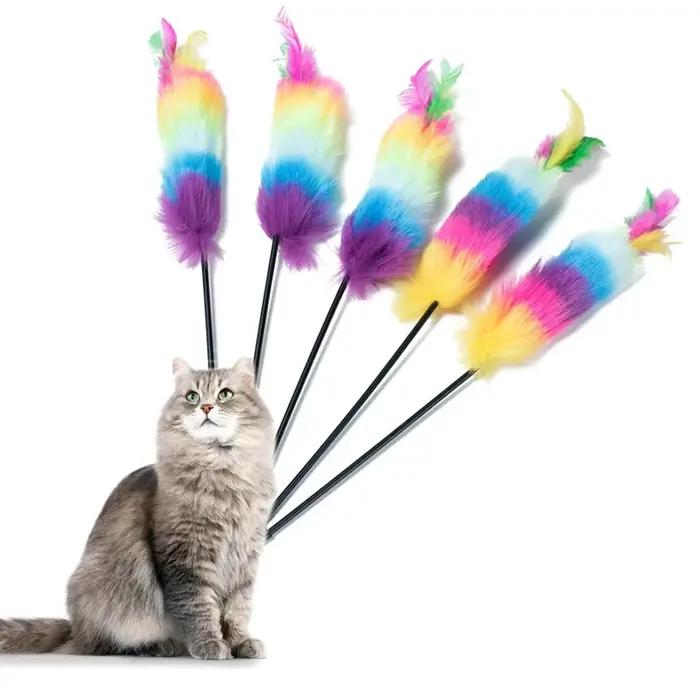Baguette de teaser en plumes colorées, bâton de teaser de jouet de chat drôle, jouets interactifs po