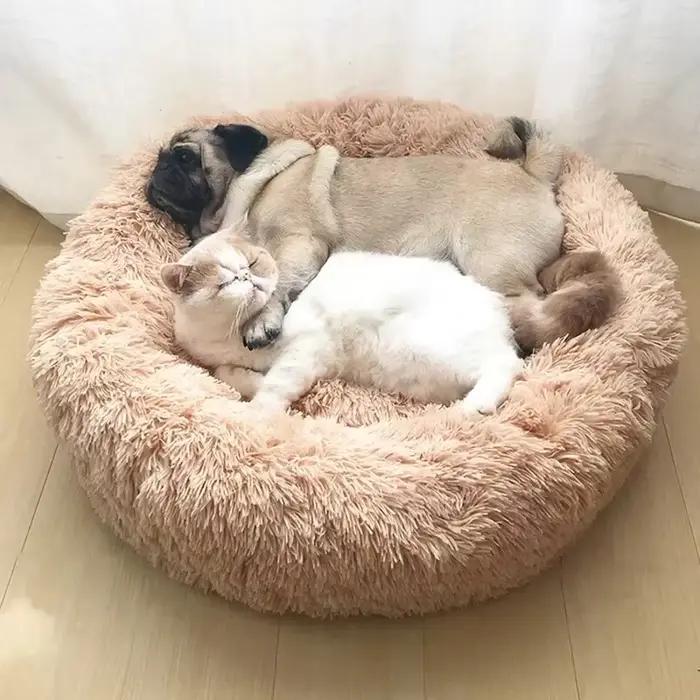 Lit rond pour animaux de compagnie pour grand chien, beignet, Long lit en peluche pour chat, maison 