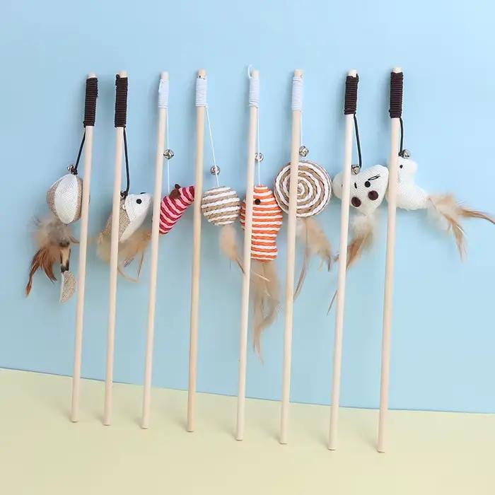 Nouveau souris en bois taquin chat tige chat jouet fournitures pour animaux de compagnie plume cloch