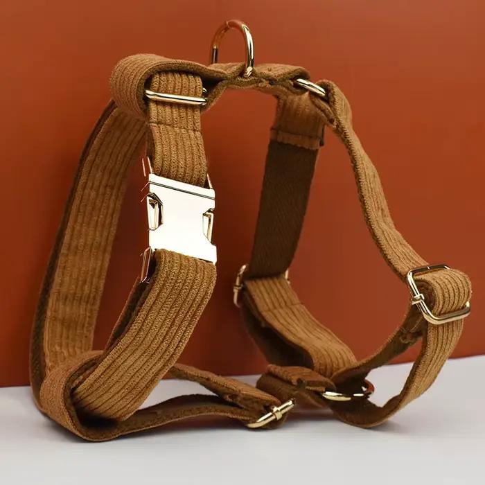 Ensemble collier et laisse pour chien en velours côtelé caramel, plaque nominative gravée sur mesure