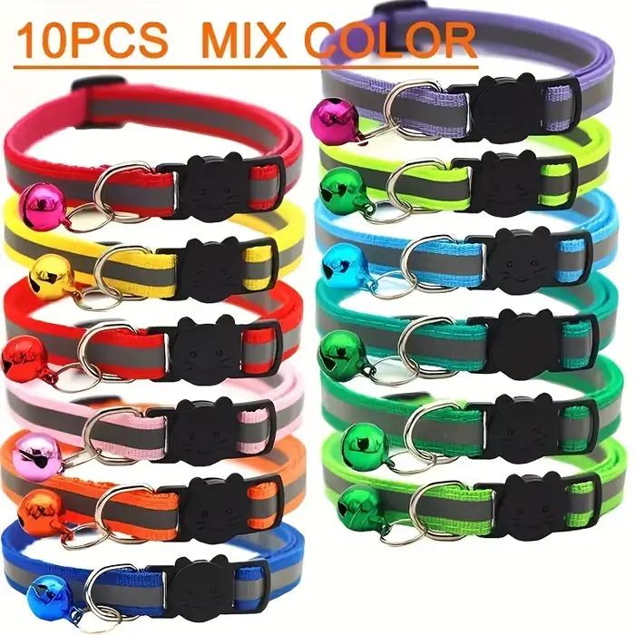Paquet de 10 colliers réfléchissants pour chat avec cloches et oreilles rondes, matériau en Polyamid