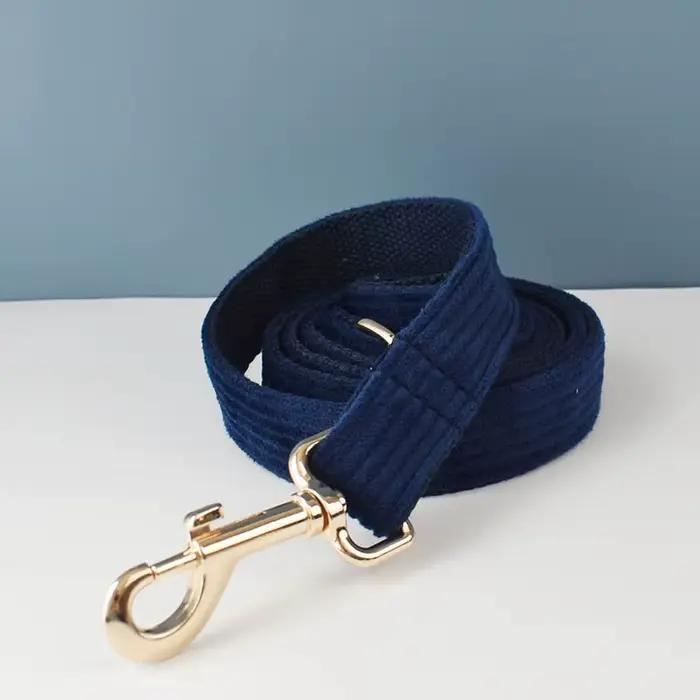 Ensemble collier et laisse pour chien en velours côtelé bleu violacé, plaque nominative gravée sur m