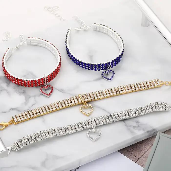 Collier élastique à trois rangées de strass pour animaux de compagnie, décoration d'amour, chiot, ch
