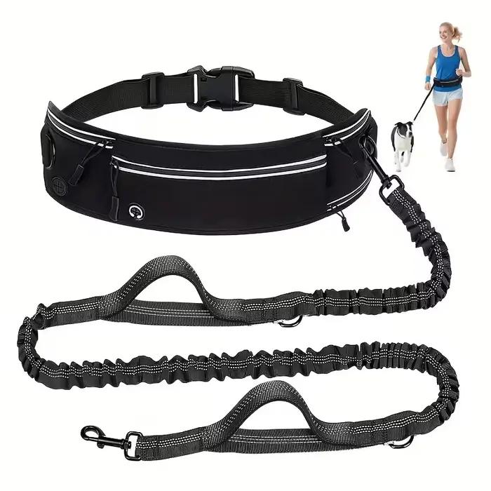 Laisse pour chien mains libres avec sac banane de course, corde élastique rétractable. Réfléchissant