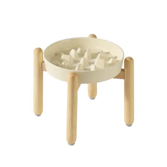 Ensemble de bols doubles en céramique pour chien avec support en bois – Mangeoire lente surélevée et