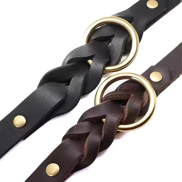 Collier de chien en cuir tressé avec anneau en D en laiton antirouille Durable collier en cuir véritable souple pour chiens produit de marche d'entraînement pour animaux de compagnie