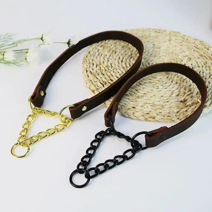 Collier de chien en cuir véritable robuste avec chaîne en métal Martingale