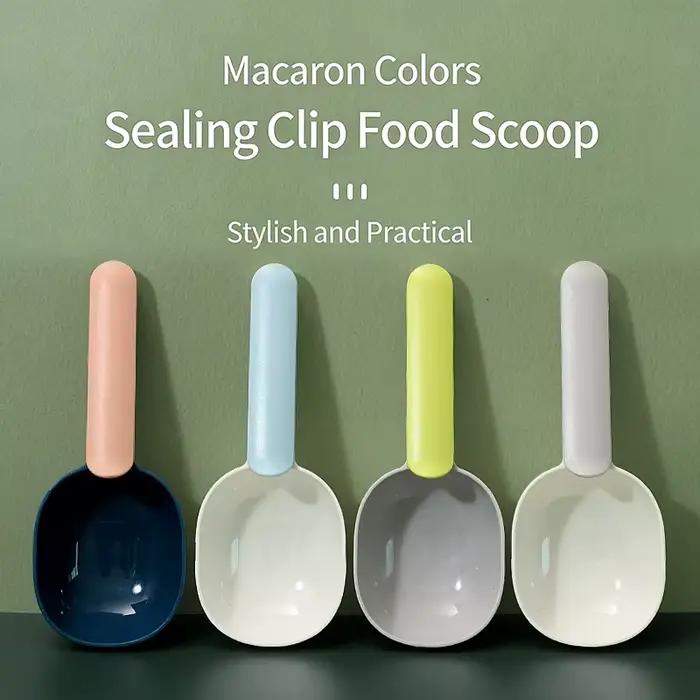 Cuillère multifonctionnelle pour aliments pour chiens et chats, cuillère à céréales de cuisine, cuillère à farine, cuillère à mesurer portable pour animaux domestiques avec clip de fermeture