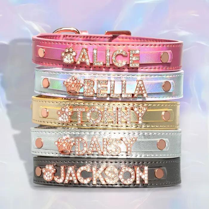 Collier pour chien personnalisé en cuir PU brillant avec lettre et breloque en or rose