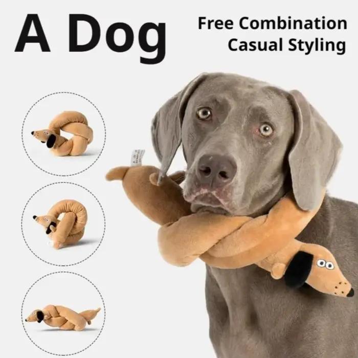 Peluche chien saucisse allongée avec couineur pour jeu interactif et soulagement de l'ennui