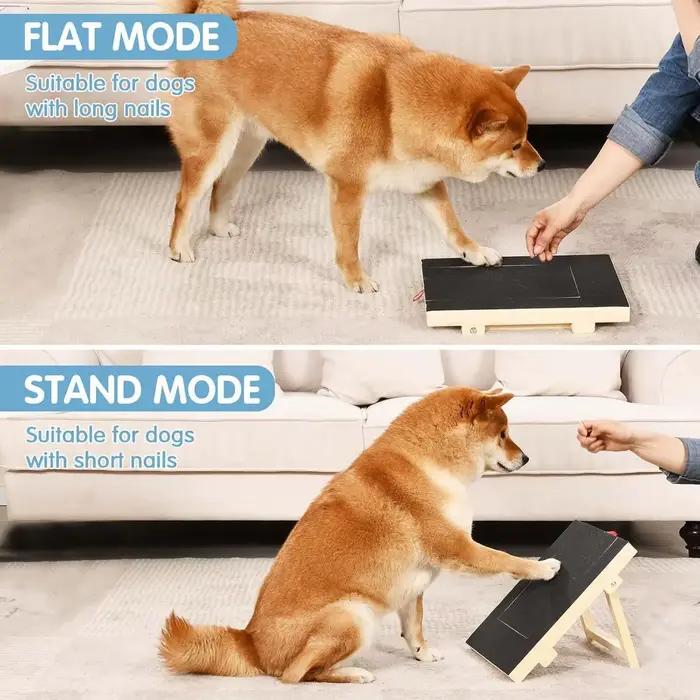 Grattoir en bois pour chiens avec boîte à friandises intégrée, plateau de coupe-griffes, surface en papier de verre à conception coulissante, jouet à gratter