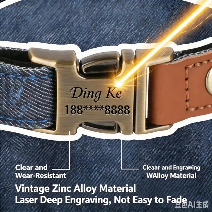 Collier pour animaux de compagnie en denim personnalisable avec boucle métallique gravée à dégagement rapide réglable