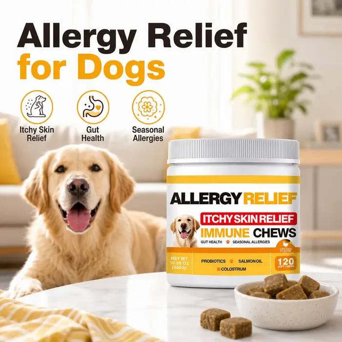 Friandises à mâcher douces pour chiens contre les allergies, soutien cutané, santé intestinale, immunité, probiotiques, huile de saumon, complément alimentaire pour animaux