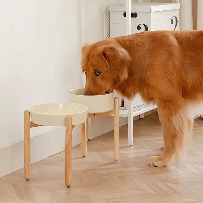 Ensemble de bols doubles en céramique pour chien avec support en bois – Mangeoire lente surélevée