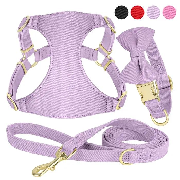 Small Dog Collar Harness Leash Set Cute Dog Collars With Bowknot Adjustable Pet Harnesses Vest