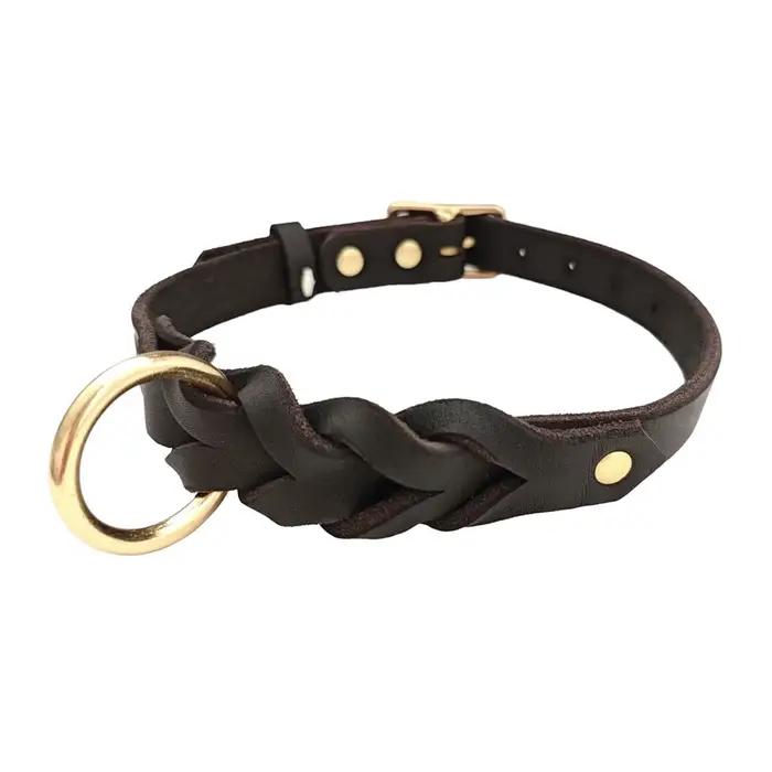 Collier de chien en cuir tressé avec anneau en D en laiton antirouille Durable collier en cuir véritable souple pour chiens produit de marche d'entraînement pour animaux de compagnie