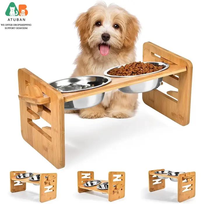 ATUBAN Gamelles surélevées en bambou avec support réglable pour chiens, chiots, chats, lapins – Gamelles pour nourriture et eau pour animaux de compagnie