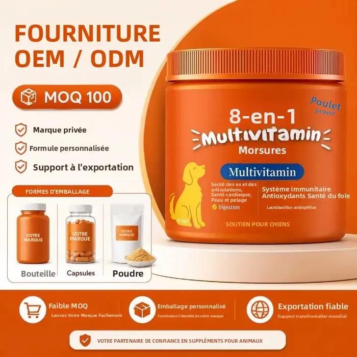 Friandises multivitaminées 8-en-1 pour chiens, saveur poulet, soutien articulaire, immunitaire, cutané, pelage et digestion, à croquer quotidiennement.