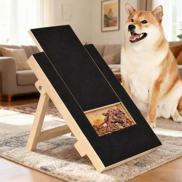 Grattoir en bois pour chiens avec boîte à friandises intégrée, plateau de coupe-griffes, surface en papier de verre à conception coulissante, jouet à gratter
