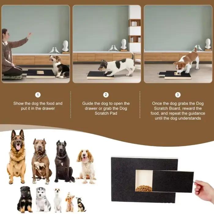 Grattoir en bois pour chiens avec boîte à friandises intégrée, plateau de coupe-griffes, surface en papier de verre à conception coulissante, jouet à gratter