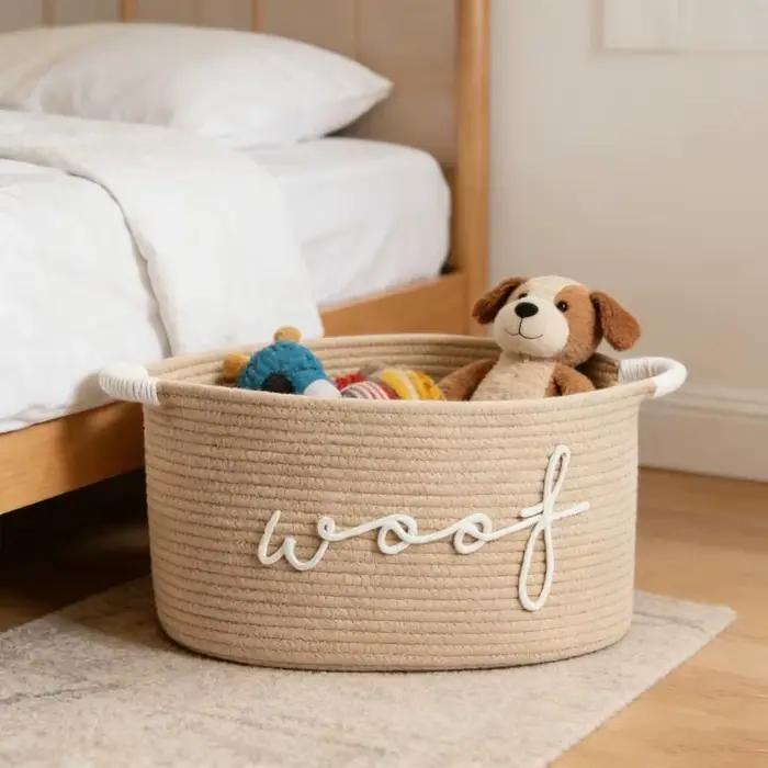 Panier rangement en corde coton fabriqué à main pour jouets chien