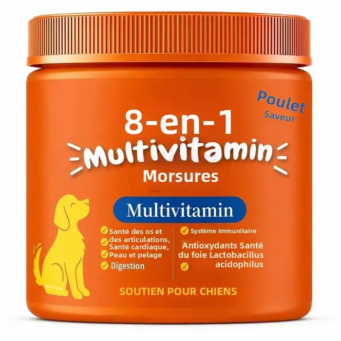 Friandises multivitaminées 8-en-1 pour chiens, saveur poulet, soutien articulaire, immunitaire, cutané, pelage et digestion, à croquer quotidiennement.