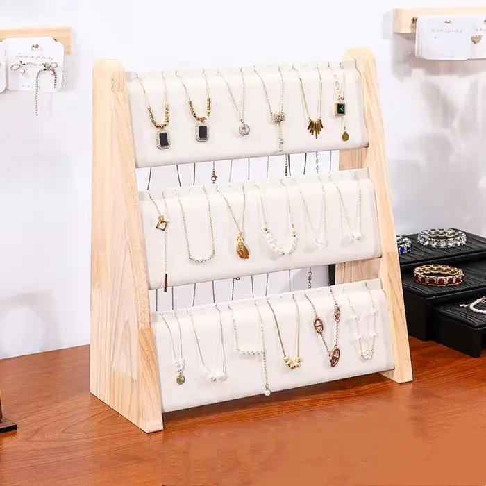 Porte-collier 2/3 niveaux support organisateur de collier en bois avec velours/PU, présentoir de collier, support de collier de chaîne