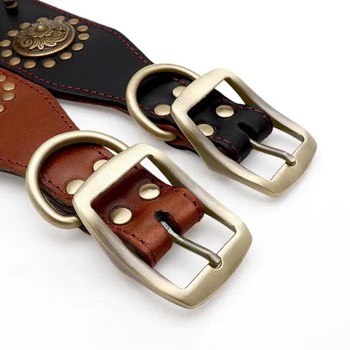 Grand collier pour chien en cuir, colliers cloutés à pointes Pitbull pour chiens de taille moyenne et grande, collier pour animaux de compagnie Durable en cuir véritable marron