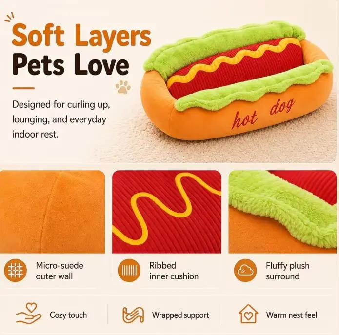Nouveau Lit pour Animaux de Compagnie en Forme de Hot-Dog, Mignon et Confortable, pour Chats et Chiens, Canapé Amovible et Lavable, Tapis pour Chiots, Fournitures pour Animaux de Compagnie