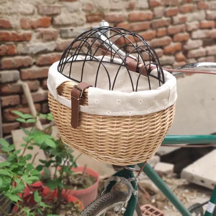Panier de vélo en osier pour petits chiens et chats, panier avant de transport pour animaux de compagnie avec housse en treillis métallique