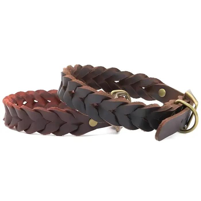 Colliers pour chiens en cuir véritable tressé