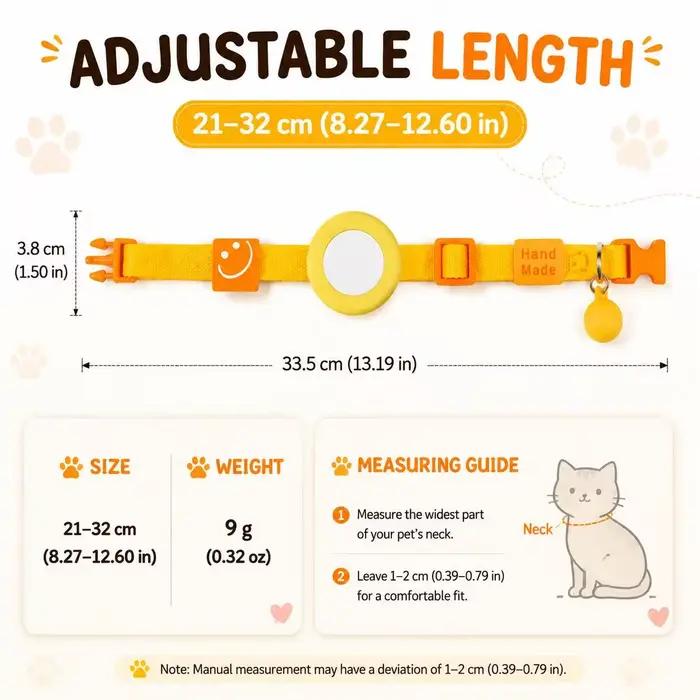 Collier GPS pour chat - Portée illimitée/Dispositif de suivi/Mode anti-perte pour animaux de compagnie - Taille réglable (21-32CM) - Compatible avec Apple Find My