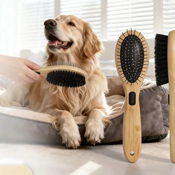 Brosse double face en poils de sanglier pour animaux : outil de massage et de démêlage pour chiens et chats