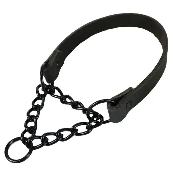 Collier de chien en cuir véritable robuste avec chaîne en métal Martingale